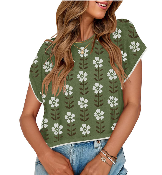 MD2 82-1 Retro Floral Knit Crop Top Short Sleeve Vintage Pullover Tee: Off-White