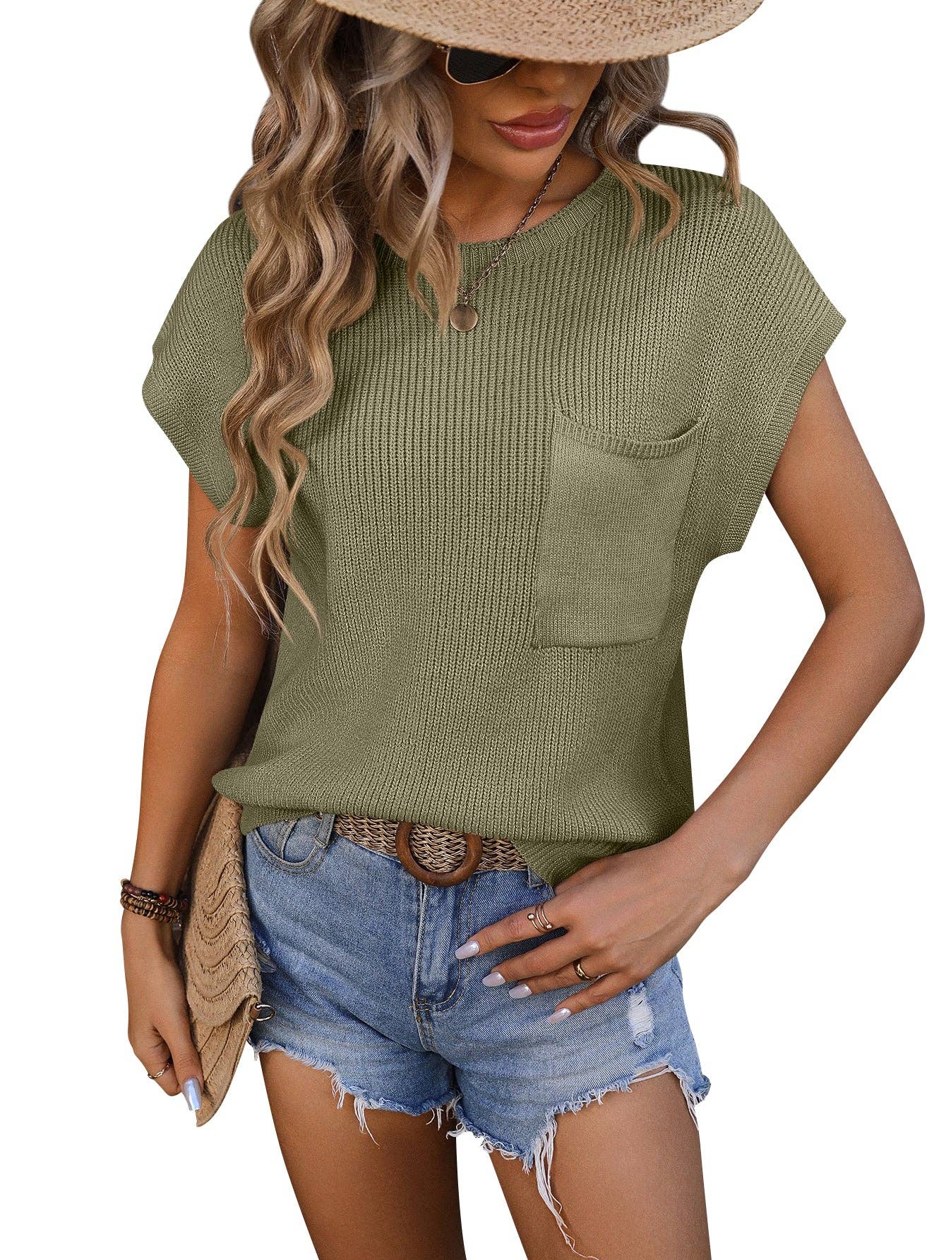 MD220-AC Crewneck Pocket Trim Top Short-sleeved Sweater: Apricot
