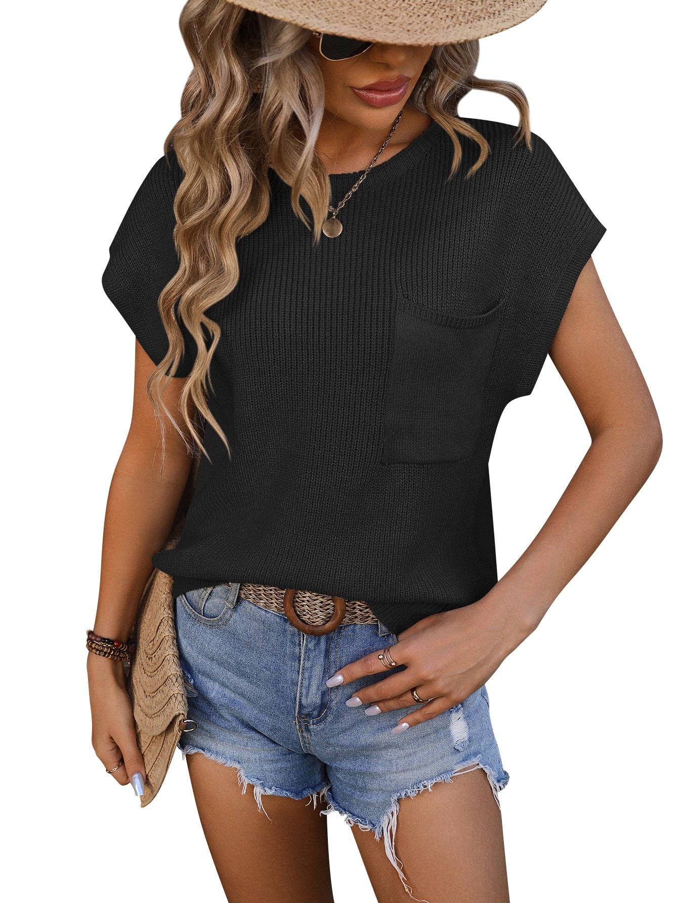 MD220-AC Crewneck Pocket Trim Top Short-sleeved Sweater: Apricot