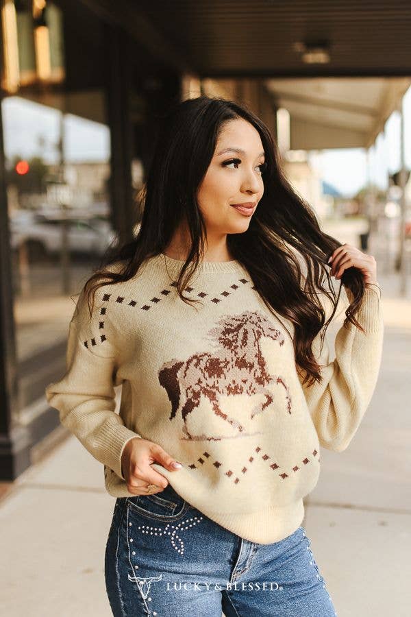 Cream Running Horse Knit Printed Long Sleeve Sweater