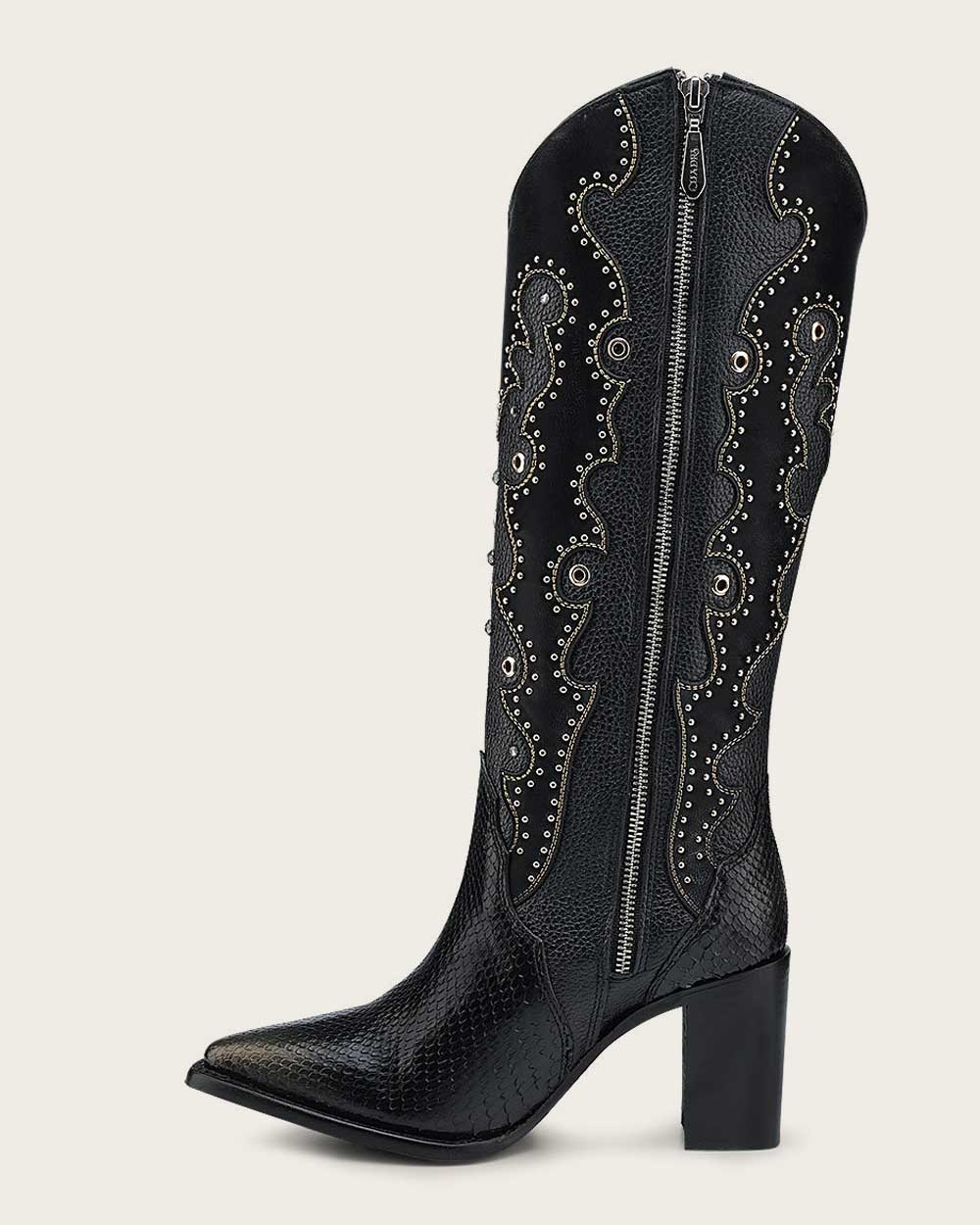 CU869 CUADRA PYTHON BELLY BLACK BOOT EMBROIDERY & STUDS & ZIPPER
