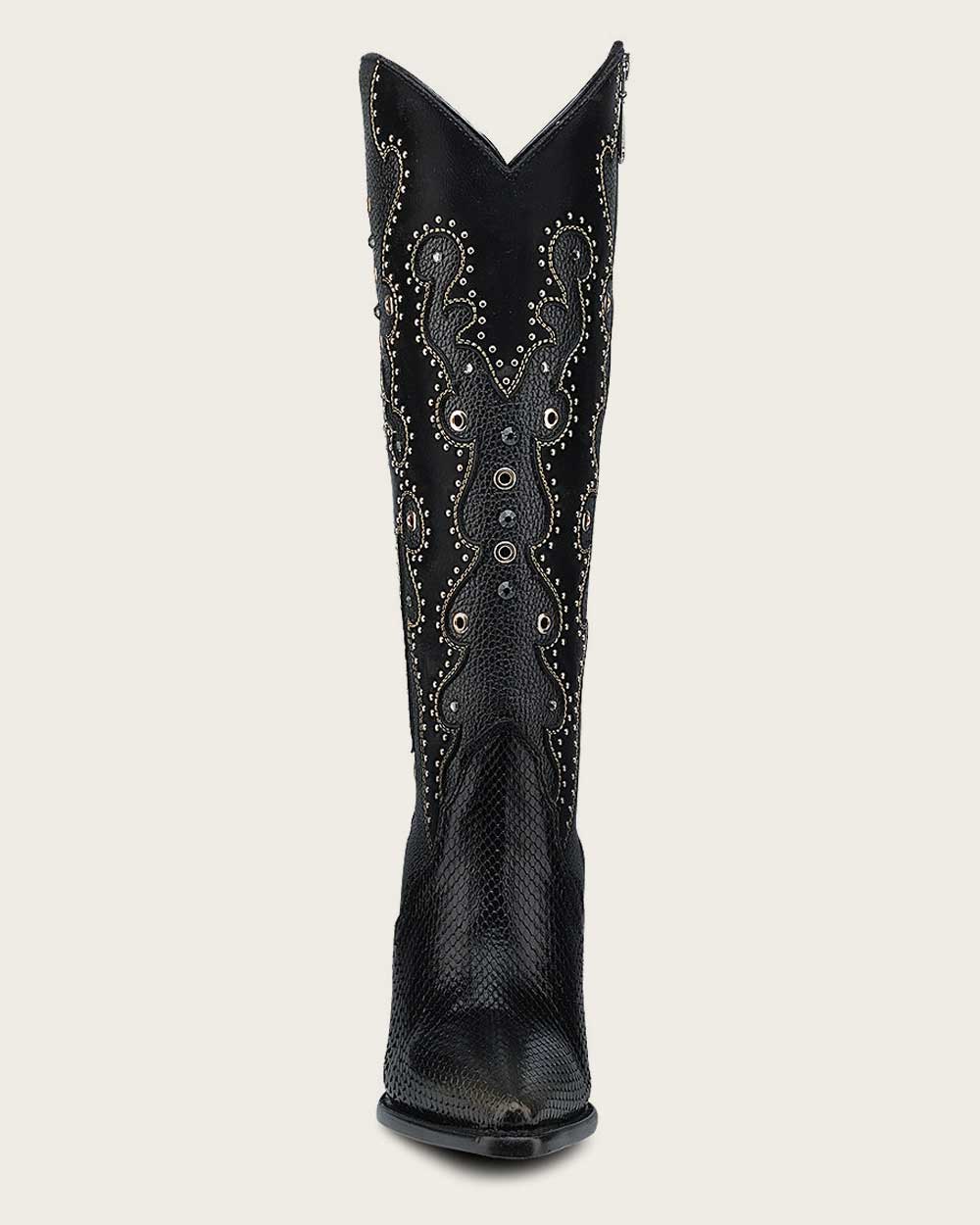 CU869 CUADRA PYTHON BELLY BLACK BOOT EMBROIDERY & STUDS & ZIPPER