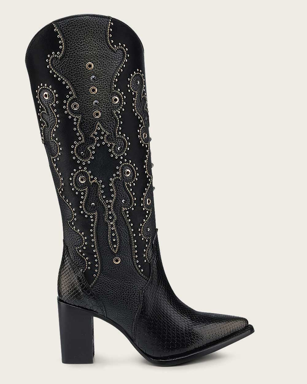 CU869 CUADRA PYTHON BELLY BLACK BOOT EMBROIDERY & STUDS & ZIPPER