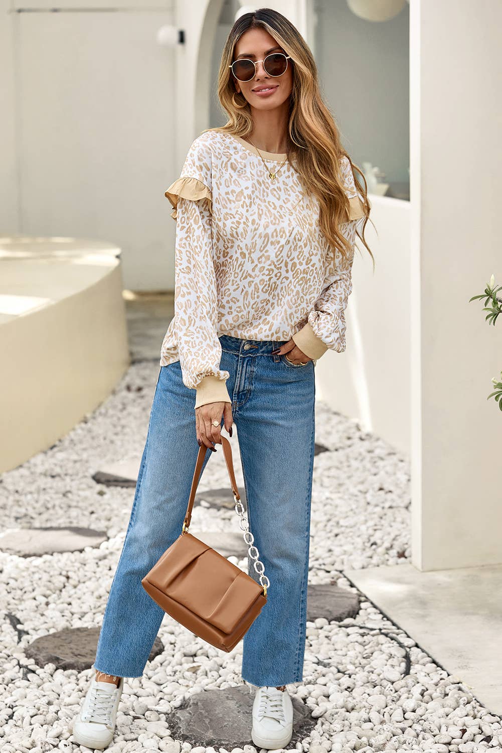 LD25319704-P1620 LDC Ruffle Detail Leopard Round Neck Sweatshirt| S-4X: Khaki