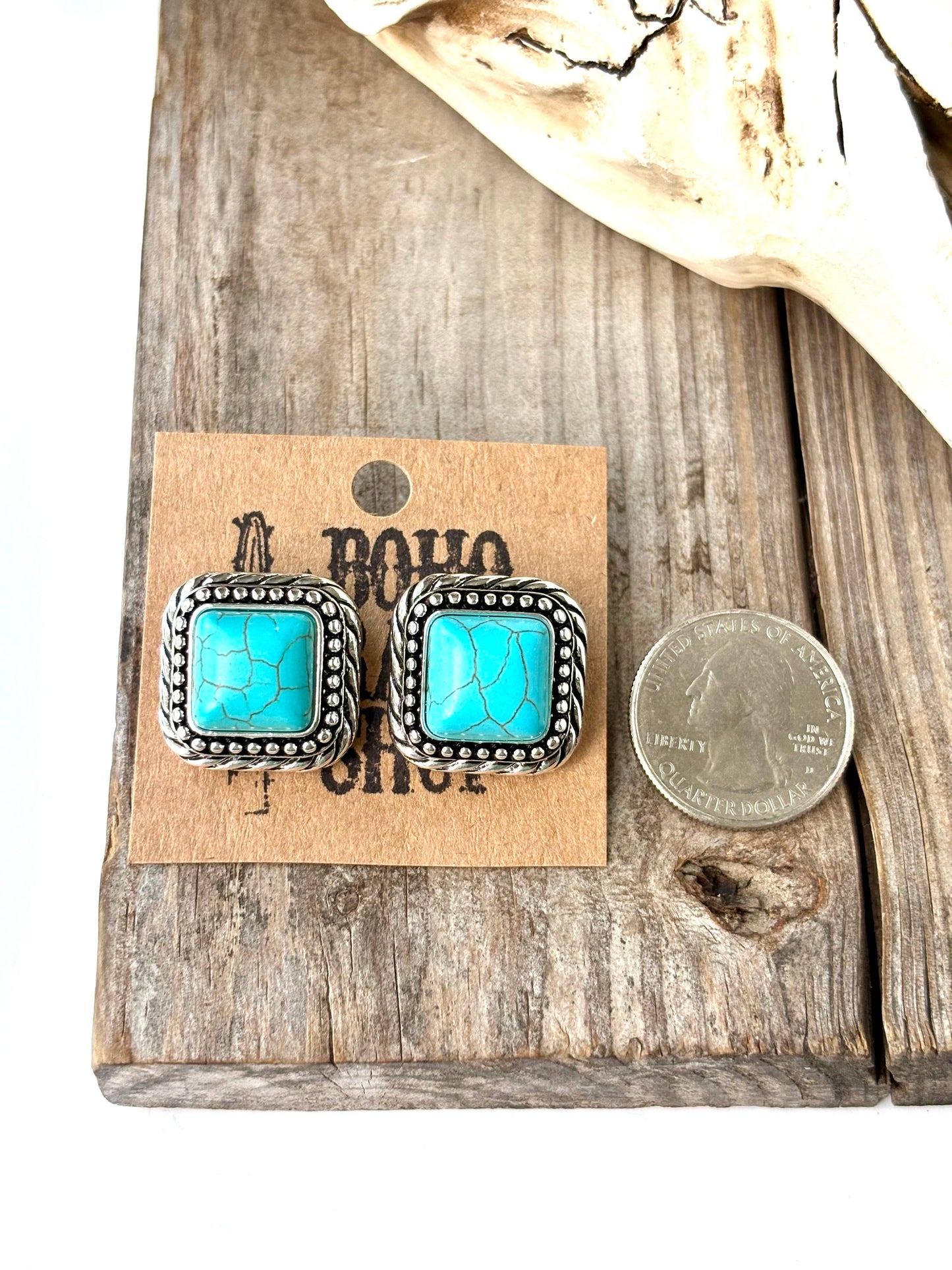 WESTERN TURQUOISE STONE SQUARE STUD EARRINGS