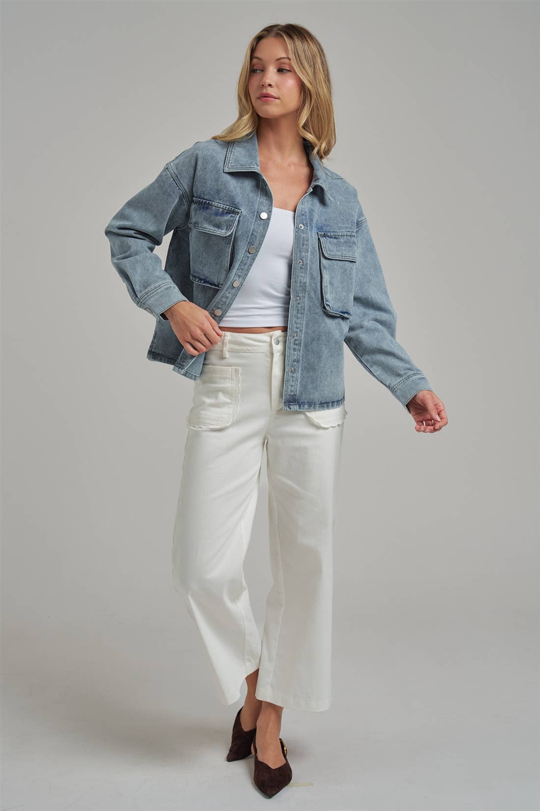 VINTAGE WASHED DENIM SHACKET WITH 3D FRONT POCKETS: DENIM