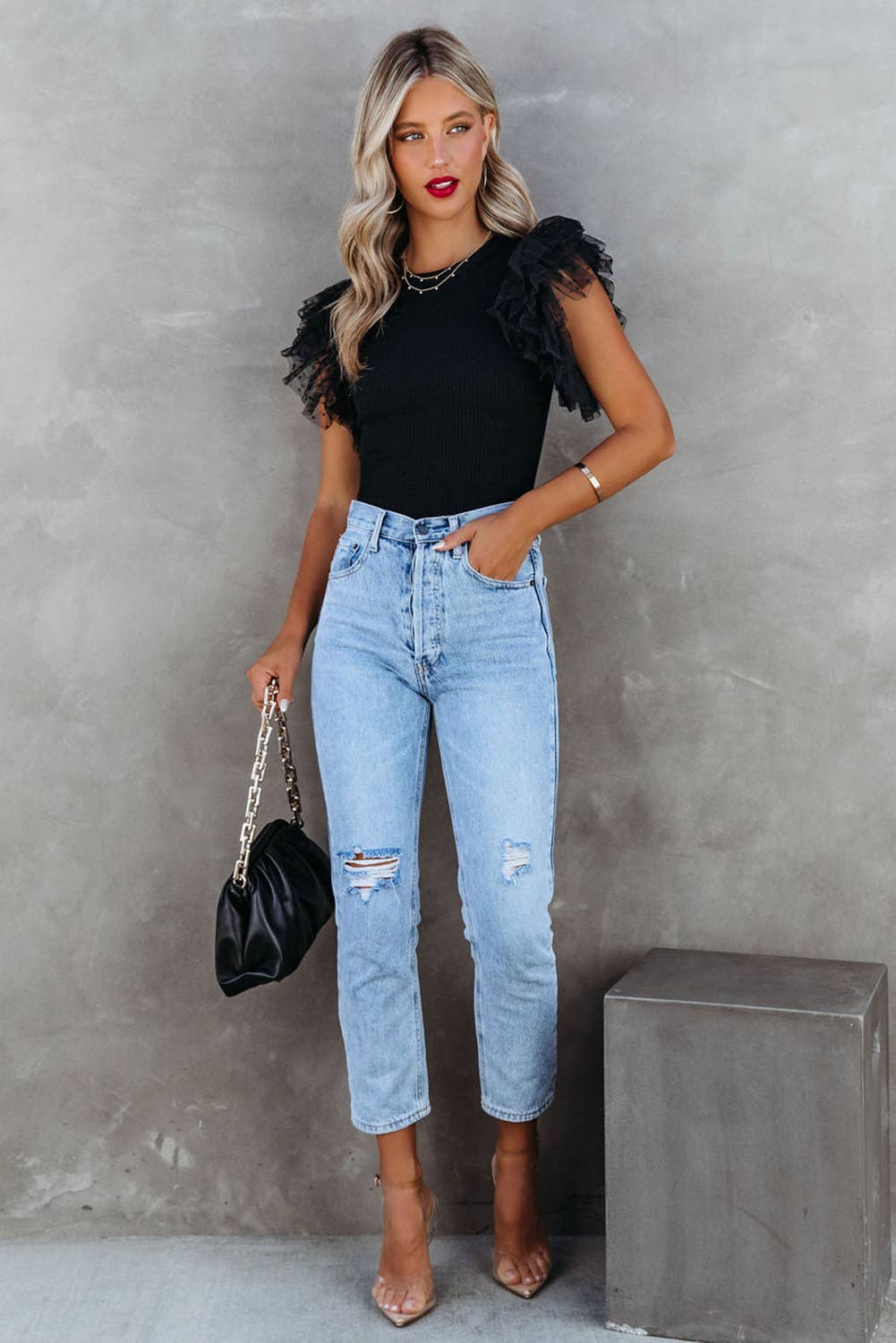 LC25119492-2 Dotty Mesh Ruffle Sleeve Ribbed Knit Top: Black