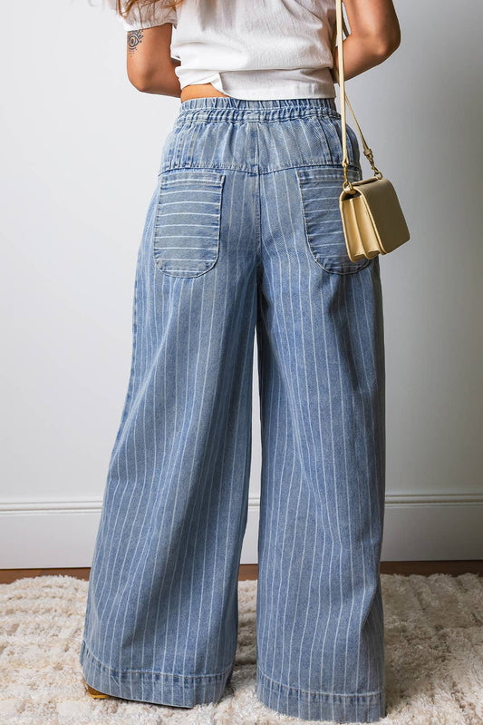 Stripe Button Pleated Drawstring Waist Wide Leg Jeans Sky Blue Stripe