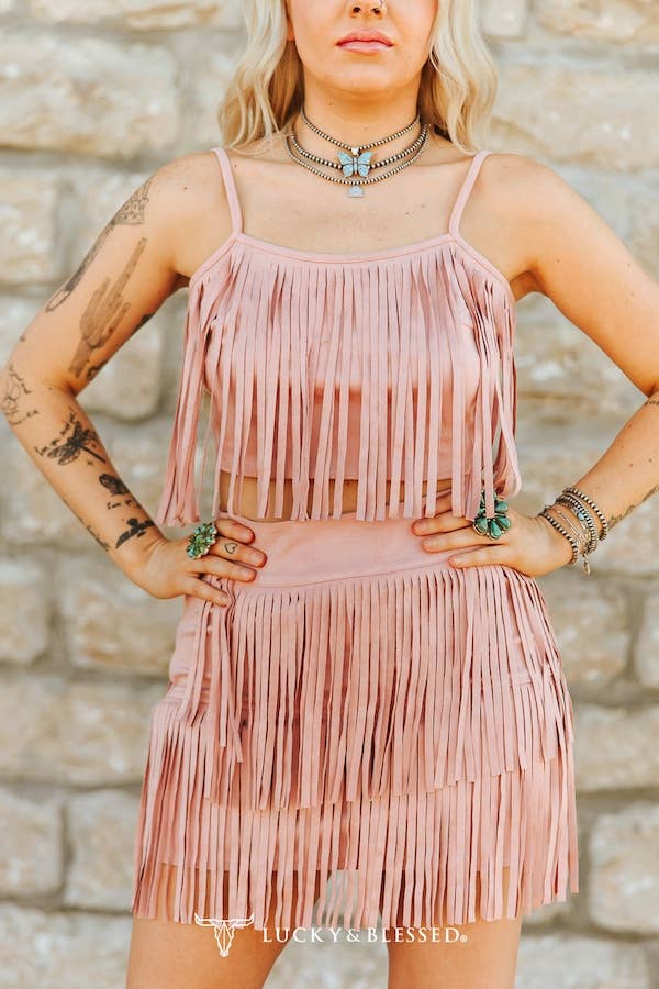 SOFT PINK STRECH SUEDE TIERED TOP SKIRT SET