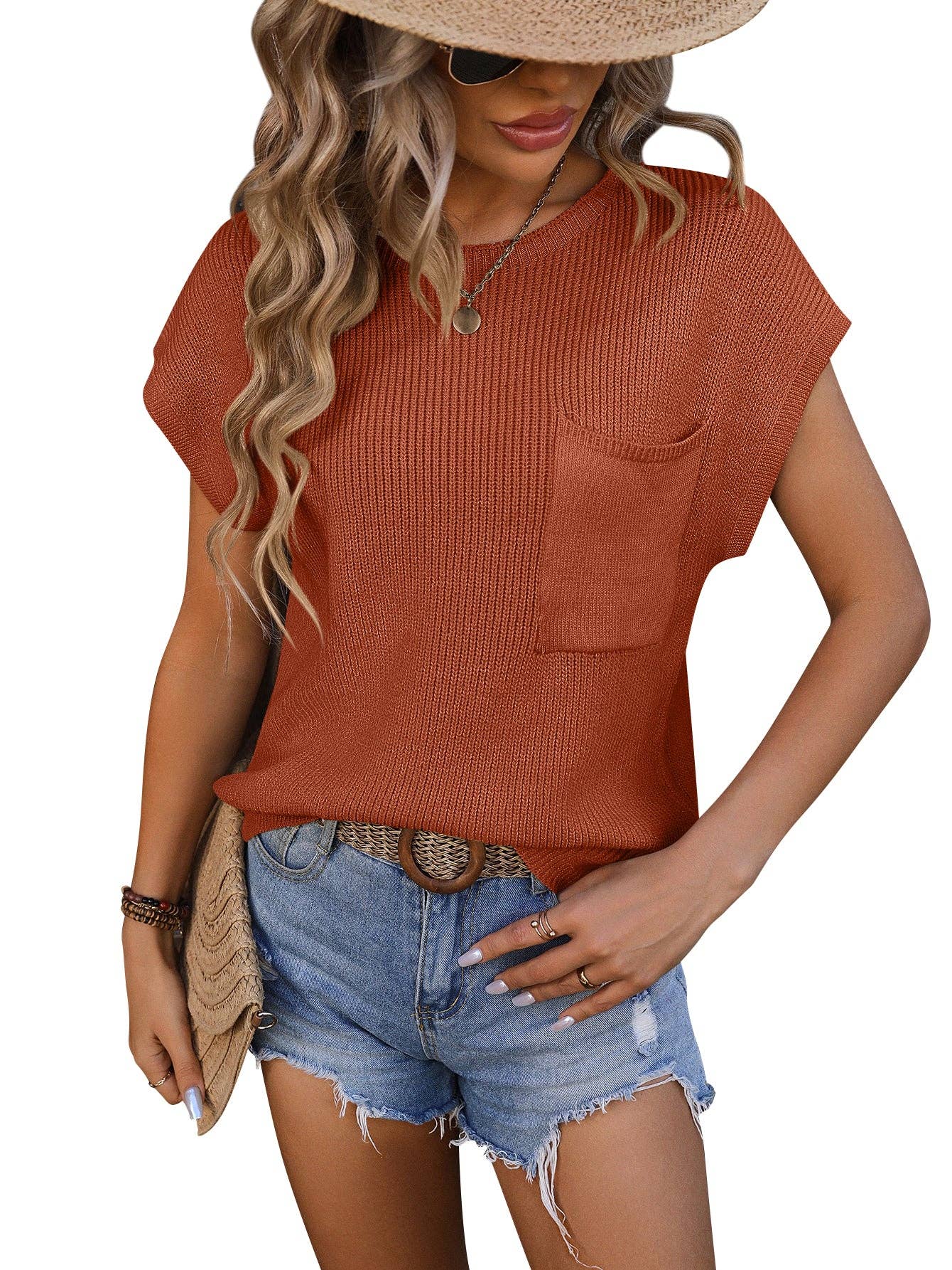 MD220-AC Crewneck Pocket Trim Top Short-sleeved Sweater: Apricot