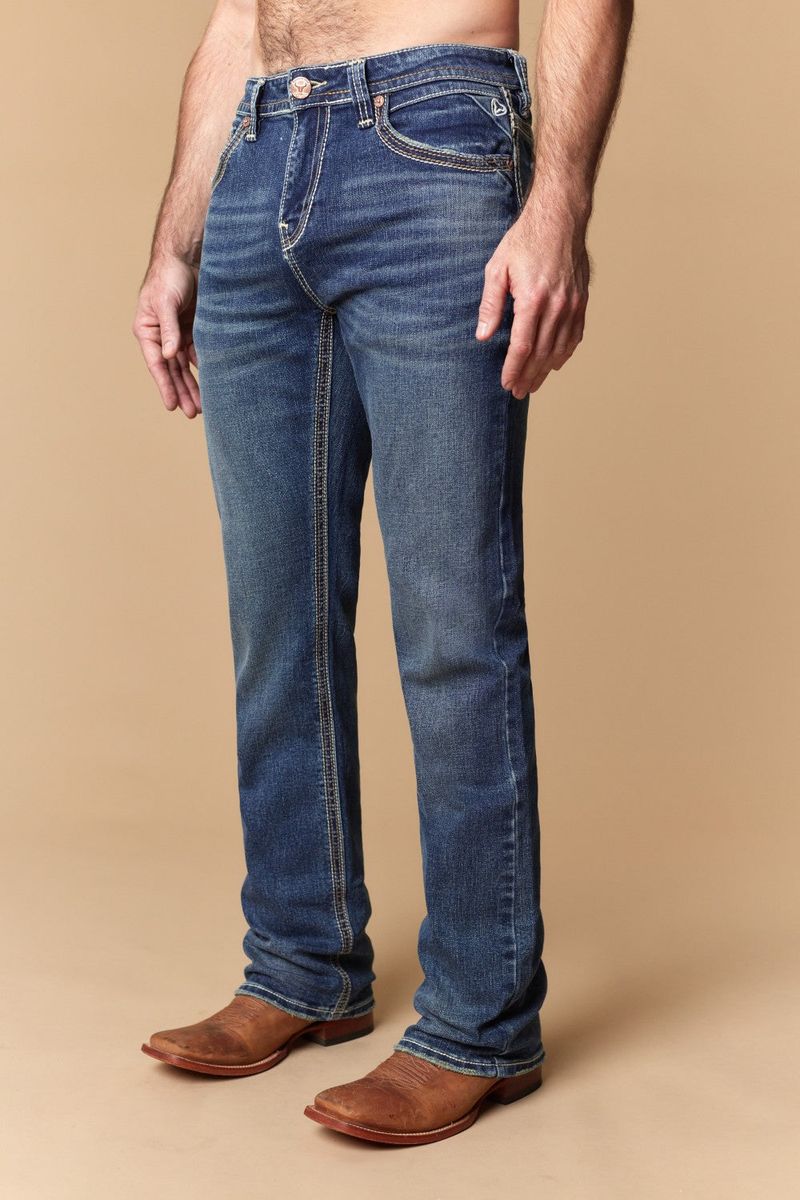 W-493-L34 WESTERN BLUE MEN'S EMBROIDERED MODERN BOOTCUT JEANS