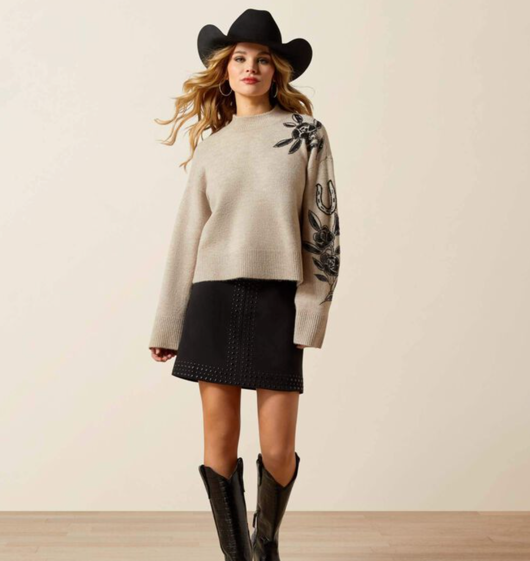 10065989 ARIAT WOMENS ALL EMBELLISHED SWEATER- OATMEAL HEATHER