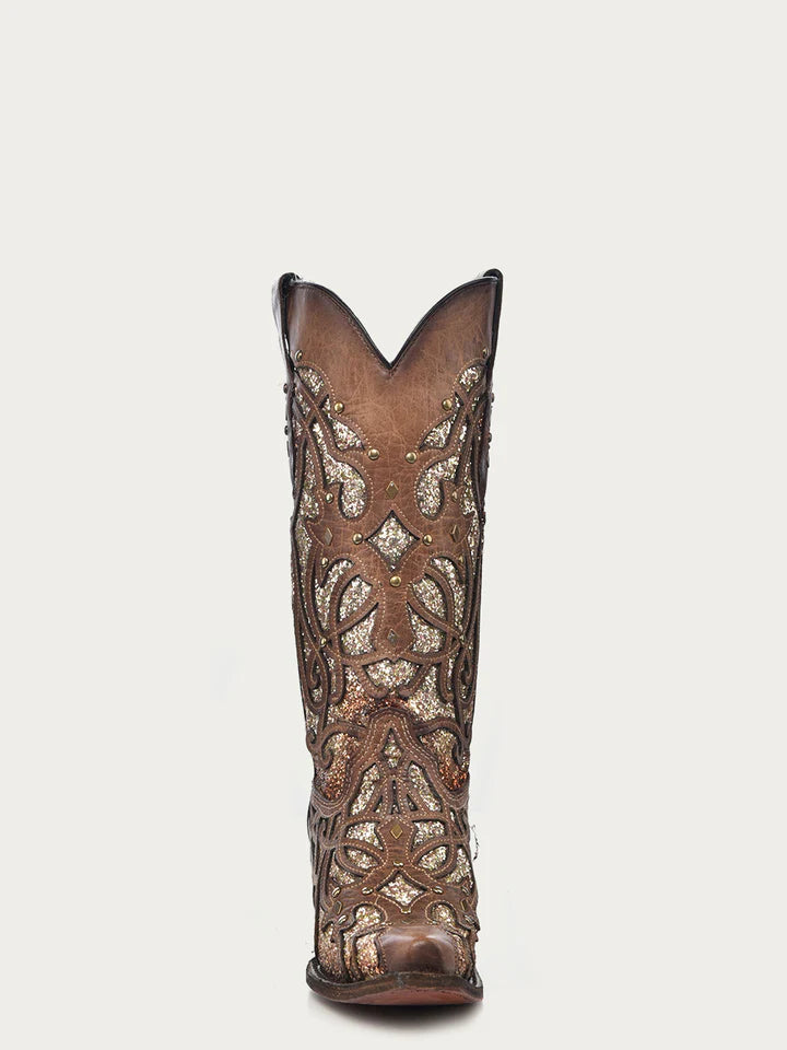 C3331 WOMEN'S ORIX GLITTERED INLAY AND STUDS BROWN SNIP TOE COWBOY BOOT