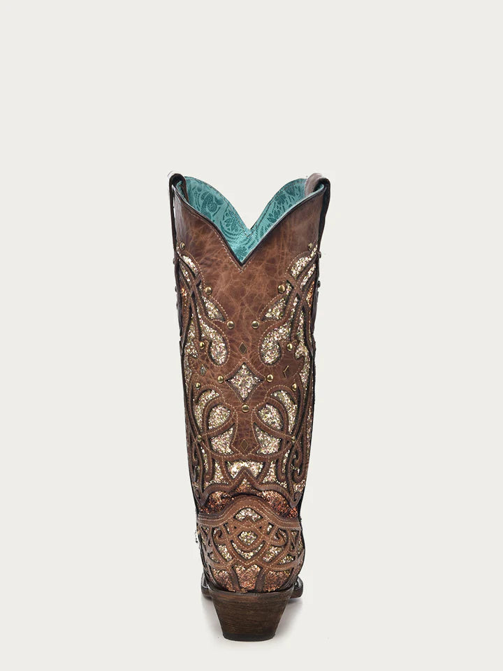 C3331 WOMEN'S ORIX GLITTERED INLAY AND STUDS BROWN SNIP TOE COWBOY BOOT