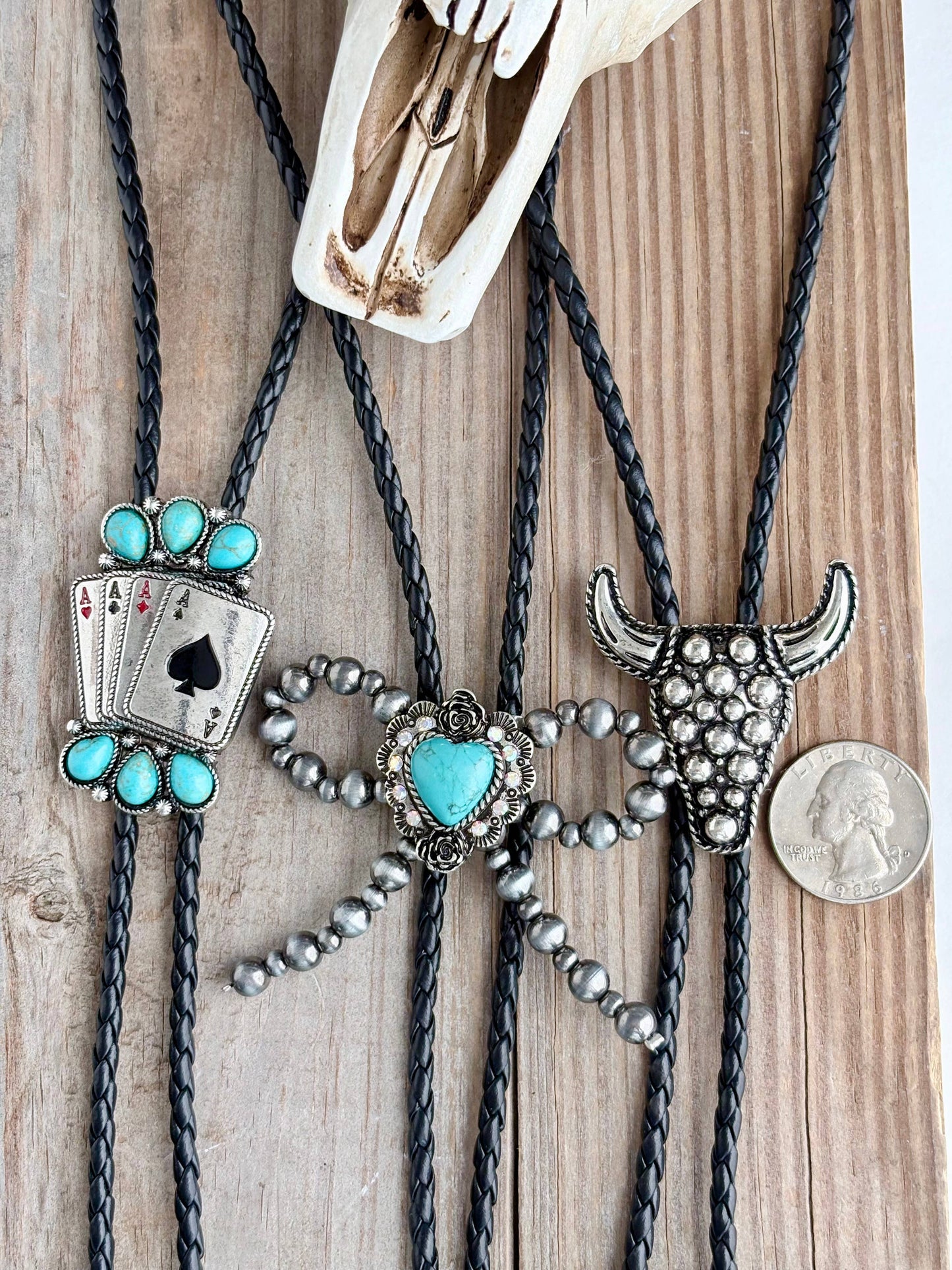 WESTERN STYLE BOLO TIE PENDANT W/ LEATHER CORD NECKLACE: BOW
