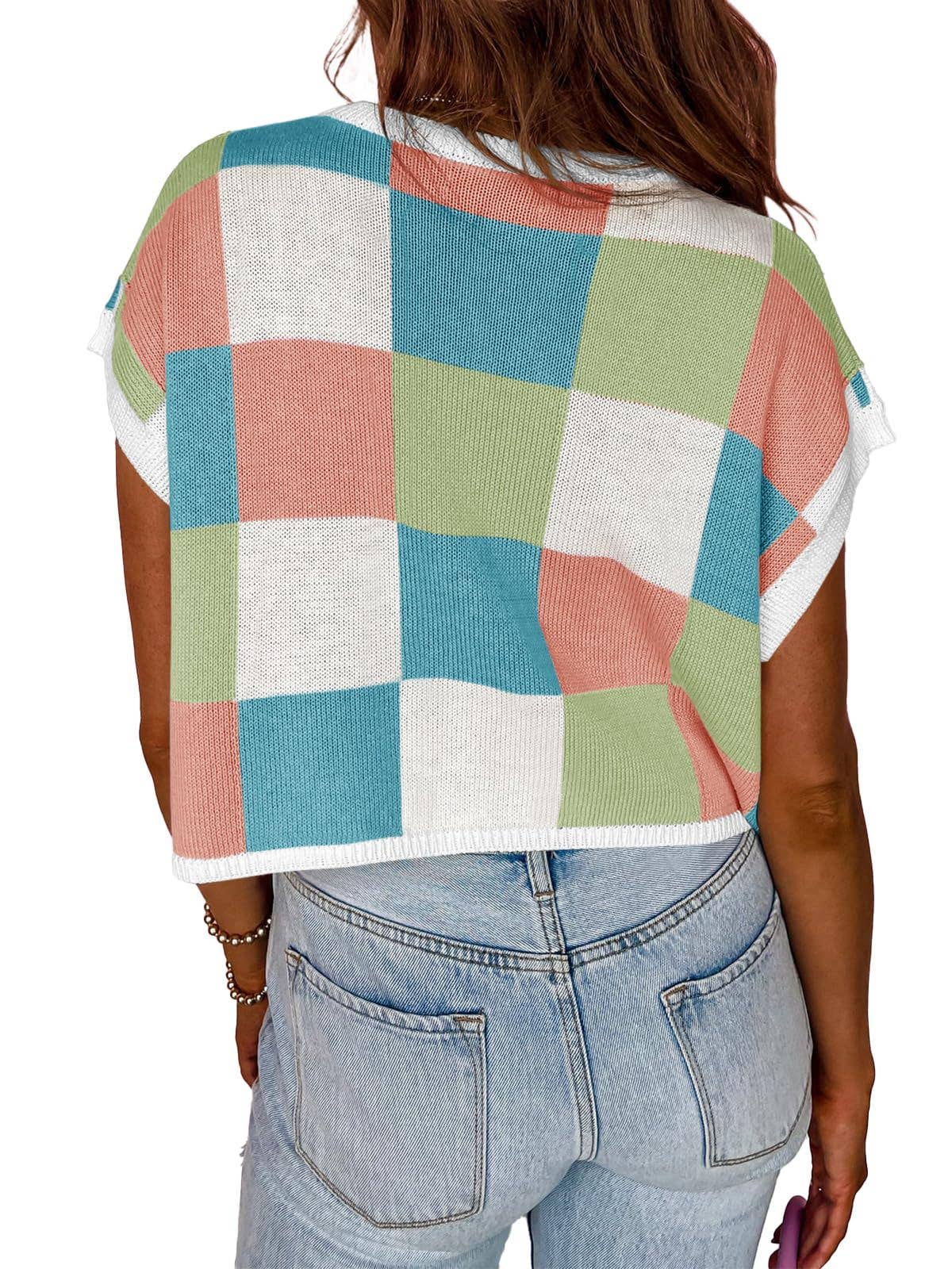 MD263-14 Colorblocked Sweater Vest Crew Neck Knit Trendy Pullover Vest: Orange