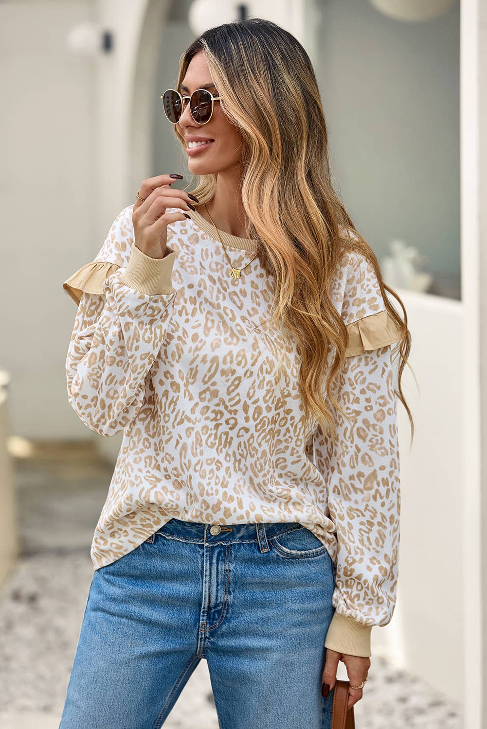 LD25319704-P1620 LDC Ruffle Detail Leopard Round Neck Sweatshirt| S-4X: Khaki