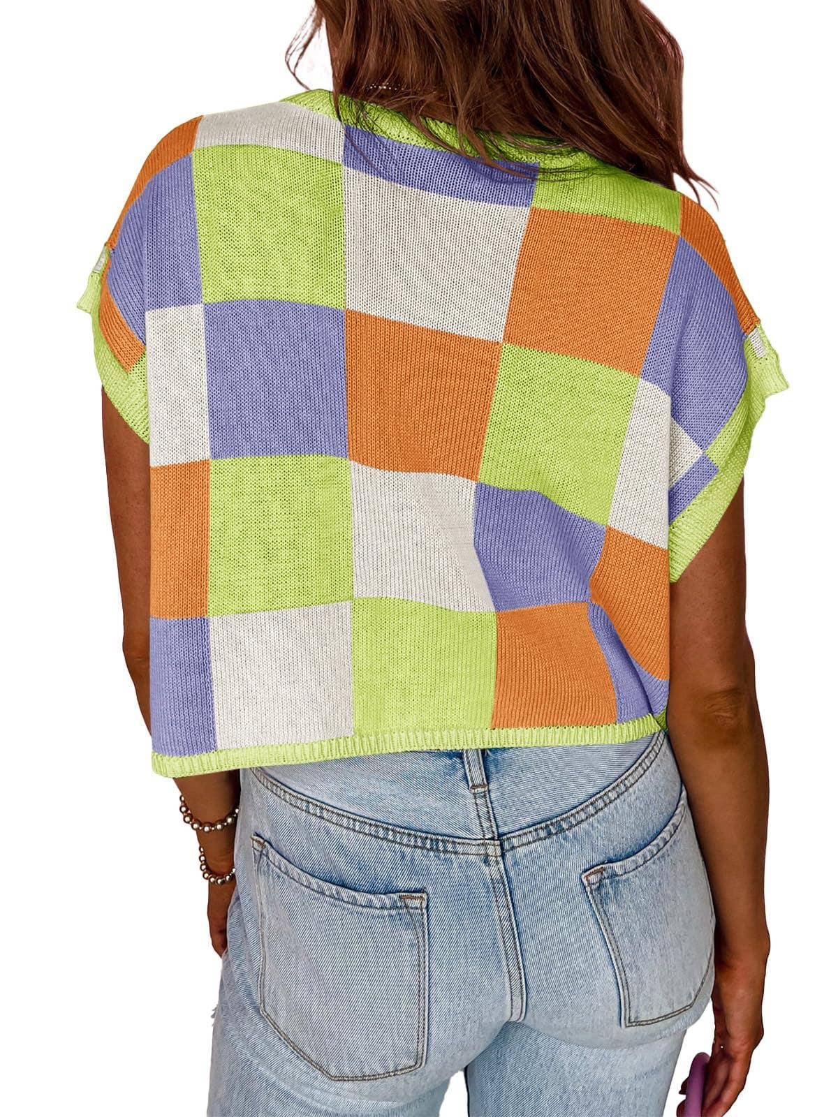 MD263-14 Colorblocked Sweater Vest Crew Neck Knit Trendy Pullover Vest: Orange