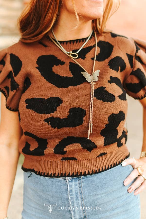 LUCKY & BLESSED BROWN LEOPARD PRINTED KNIT STITCHED RUFFLE SWEATSHIRT