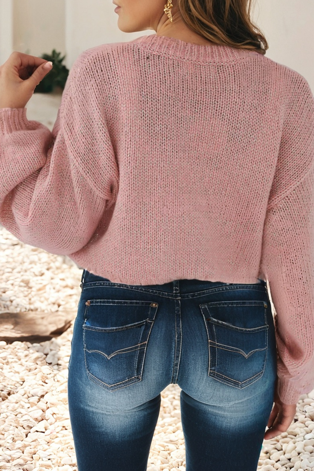 LD2727055-P4010 LDC BIG FLOWER ACCENT BUBBLE SLEEVE DROP SHOULDER SWEATER: PEACH BLOSSOM