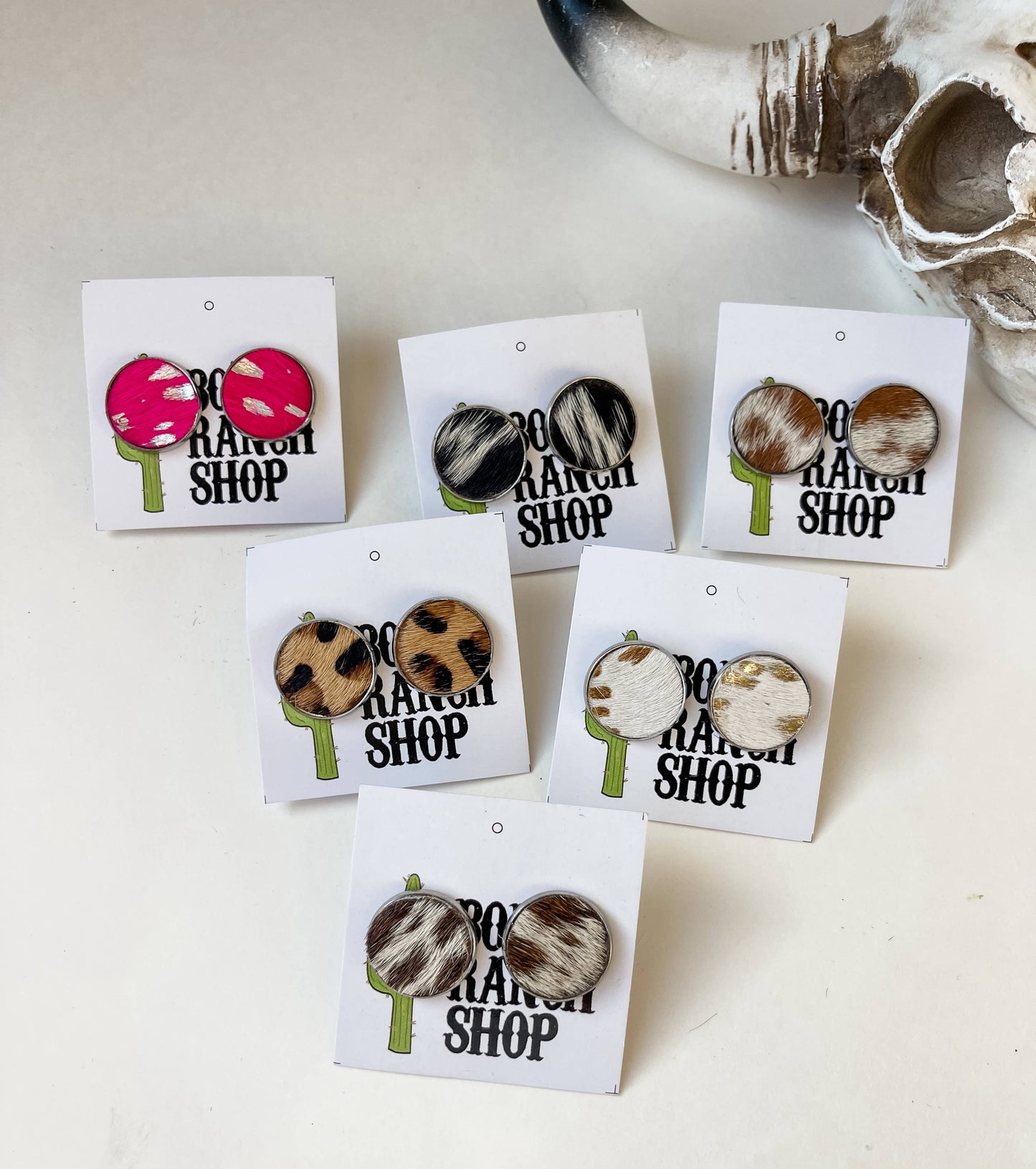 ROUND COWHIDE STUDS STUD EARRINGS- GENUINE LEATHER COWHIDE: 10