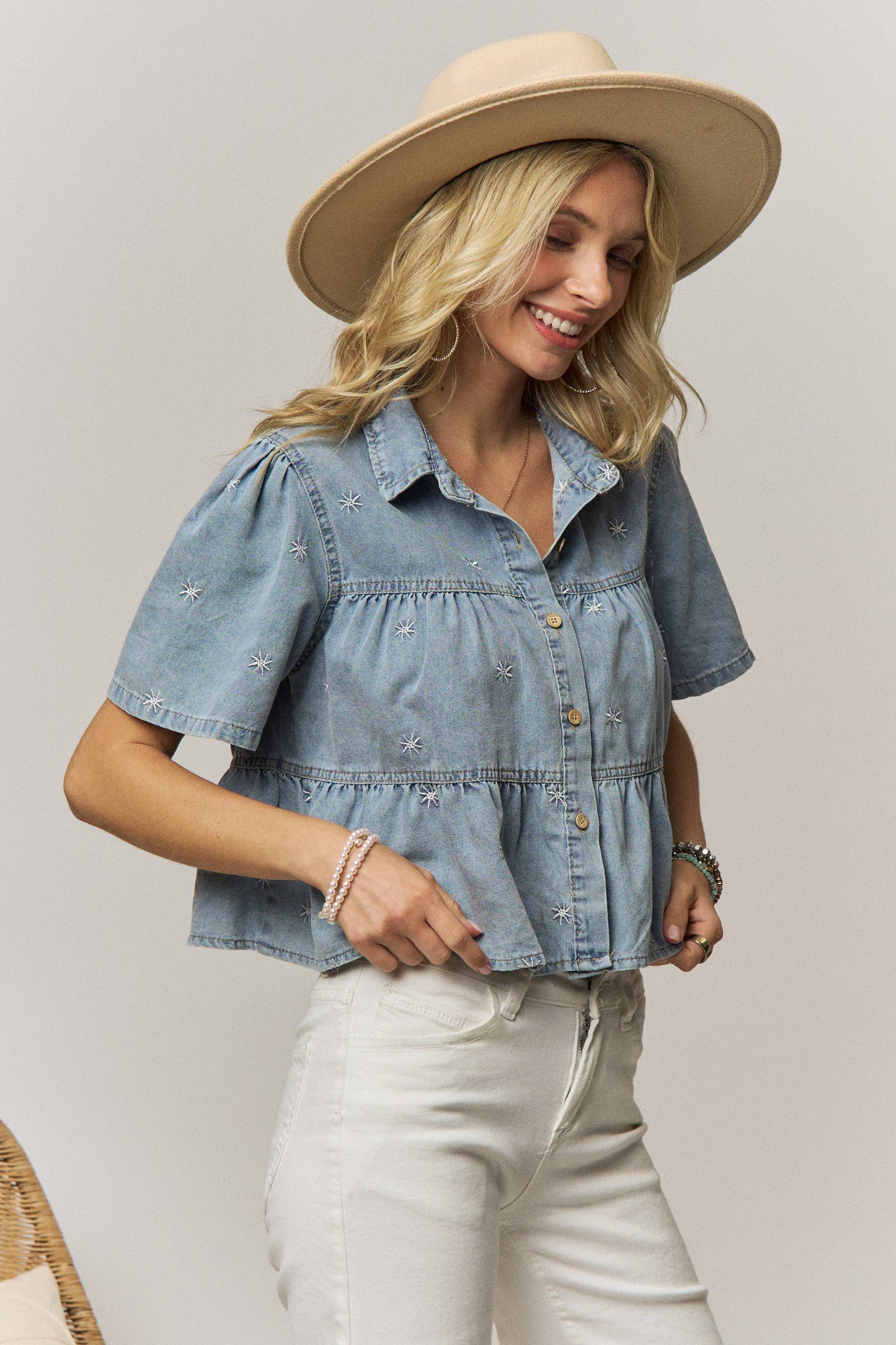 STAR EMBROIDERED DENIM SHIRT - LET4516: LT DENIM