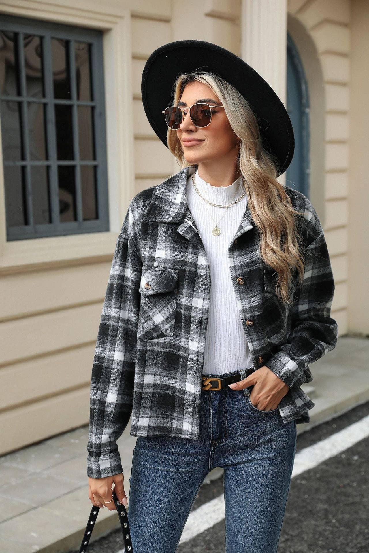 HLL7013-3 Long Sleeve Loose Pocket Plaid Top Wool Jacket