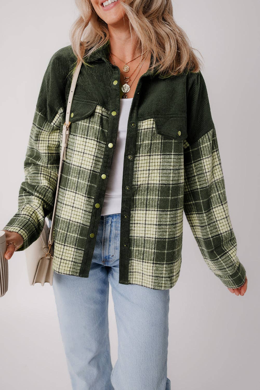 HY854726-P309 Blackish Green Snap Buttons Colorblock Plaid Shacket