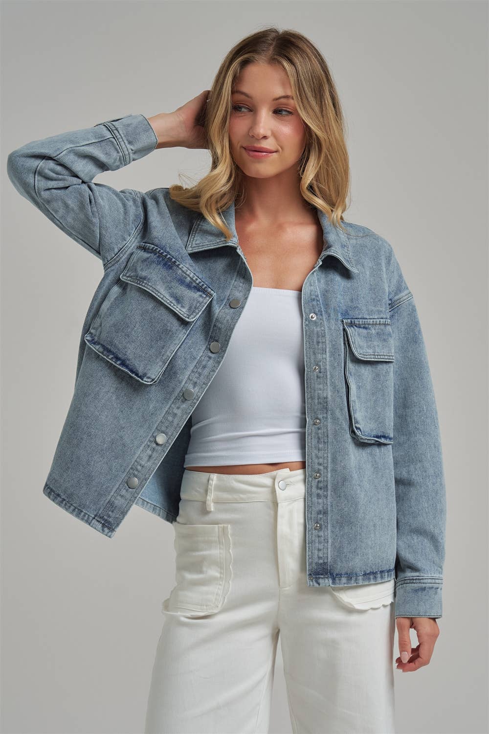 VINTAGE WASHED DENIM SHACKET WITH 3D FRONT POCKETS: DENIM