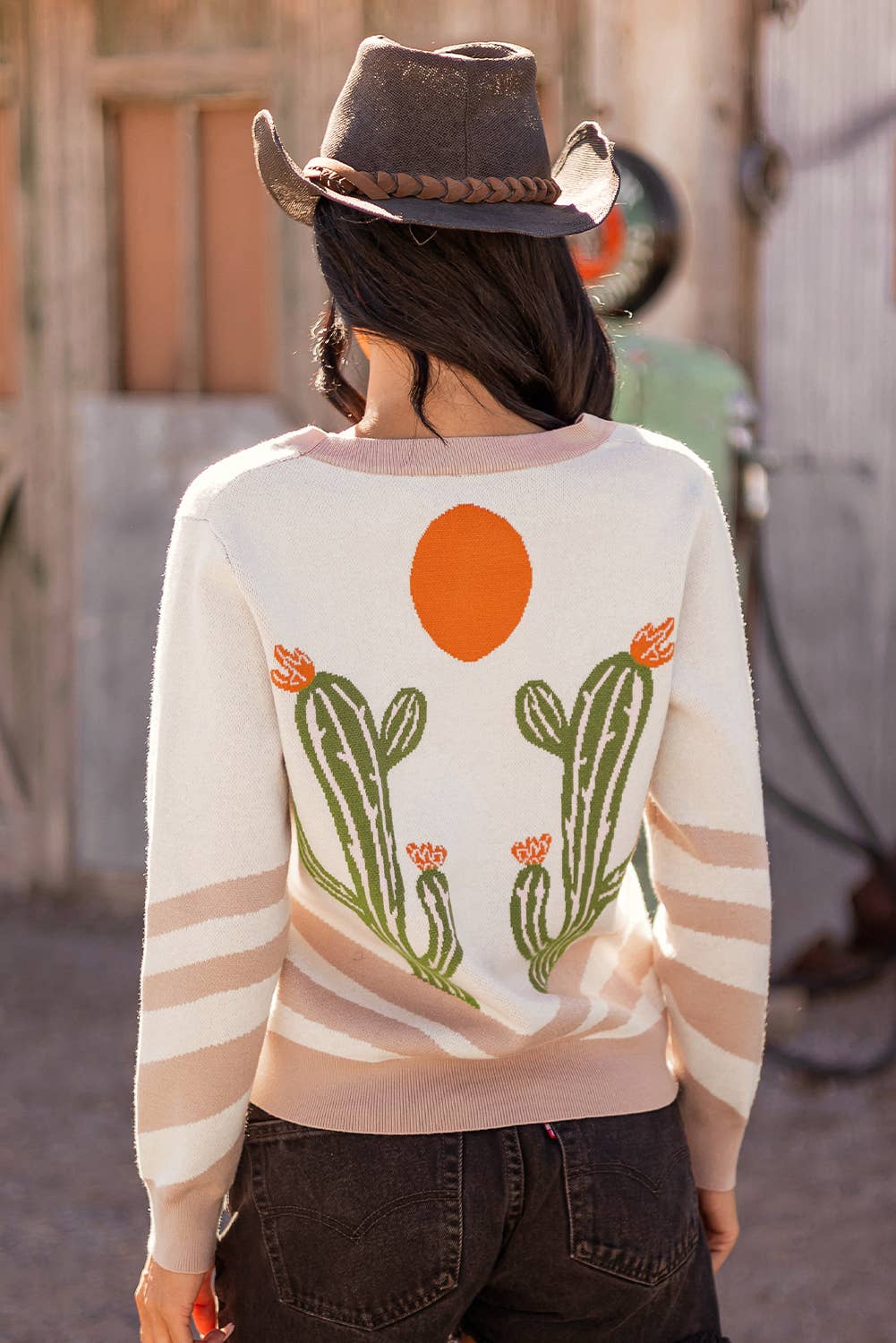 FW2712401-P1820 Fashion-W Western Cowgirl Fashion Cactus Sweater Cardigan: As shown / Missy