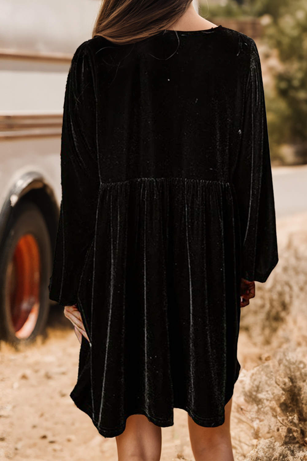 FW6126044-P2 Christmas Front Tie Velvet Bubble Sleeve Mini Fall Dress: Black