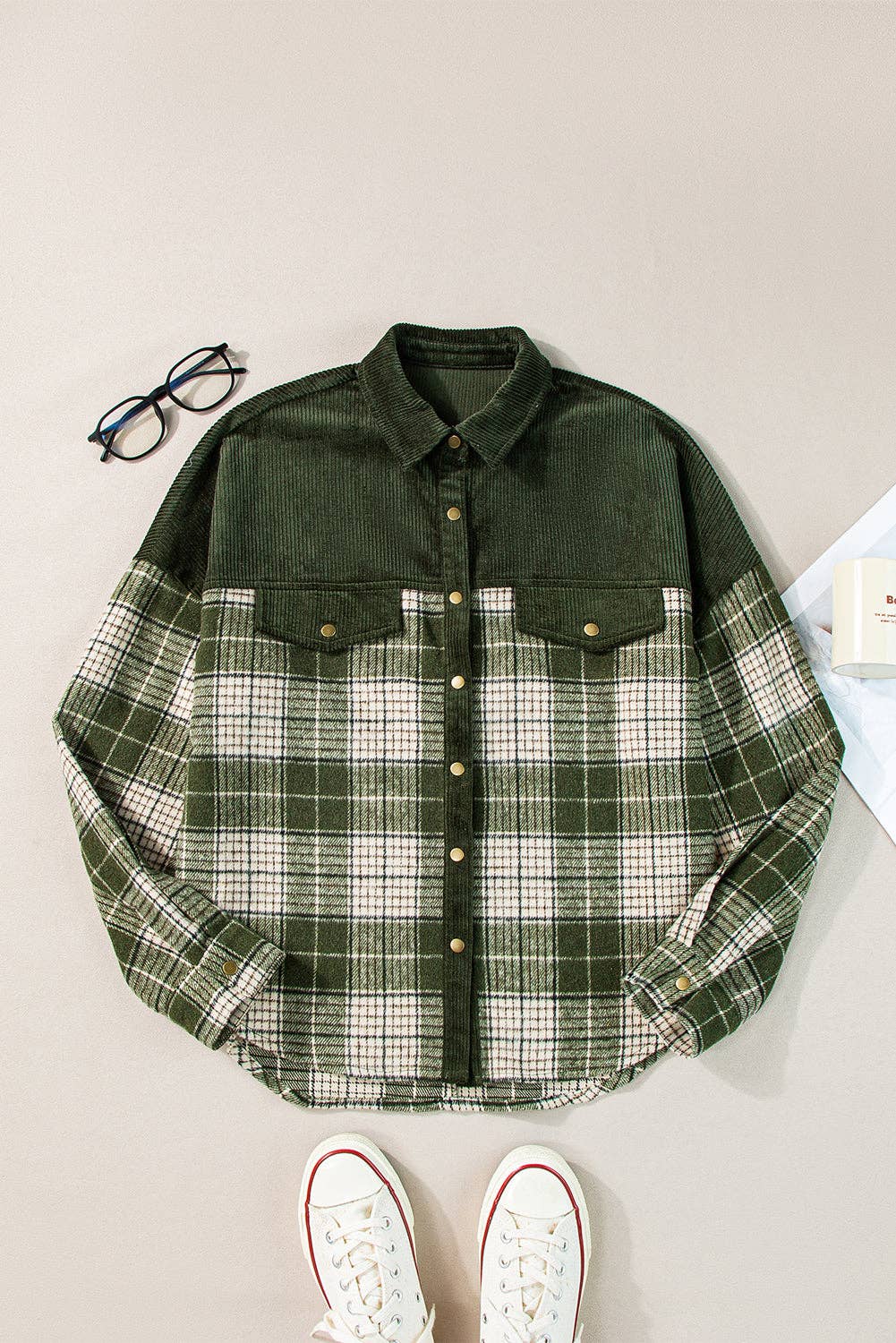 HY854726-P309 Blackish Green Snap Buttons Colorblock Plaid Shacket