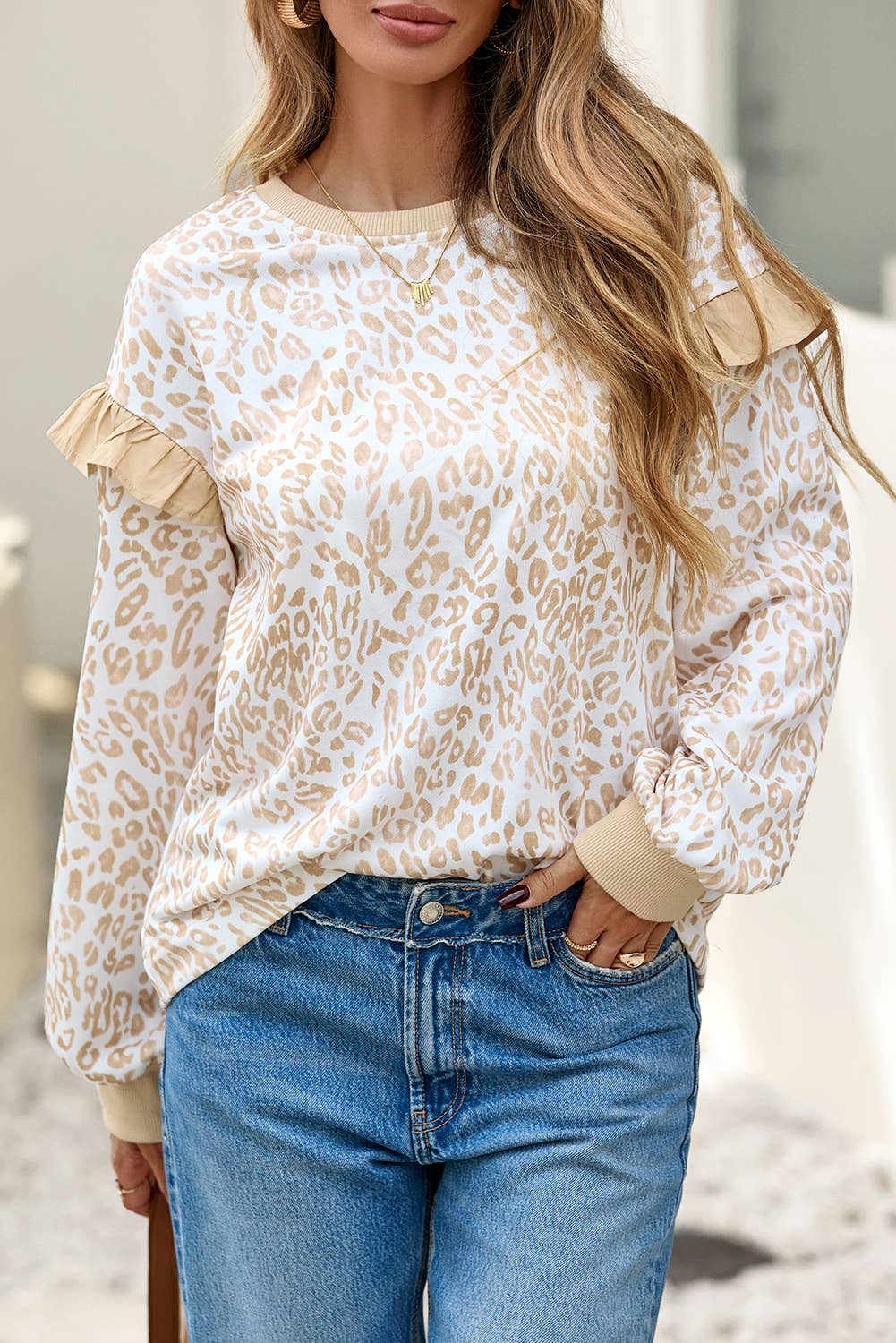 LD25319704-P1620 LDC Ruffle Detail Leopard Round Neck Sweatshirt| S-4X: Khaki