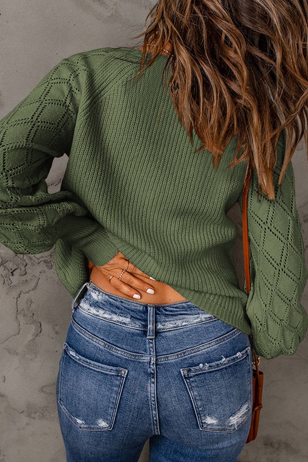 LC271628-9 Bishop Sleeve Button V Neck Cardigan Sweater: Green