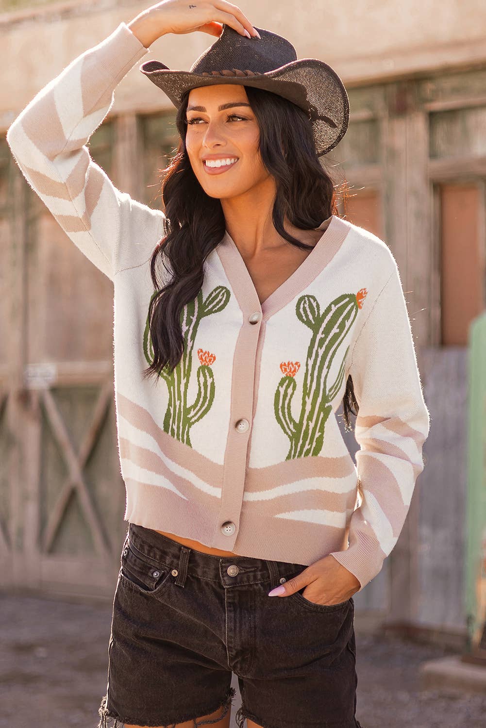 FW2712401-P1820 Fashion-W Western Cowgirl Fashion Cactus Sweater Cardigan: As shown / Missy