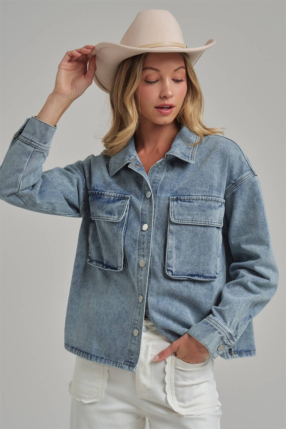 VINTAGE WASHED DENIM SHACKET WITH 3D FRONT POCKETS: DENIM