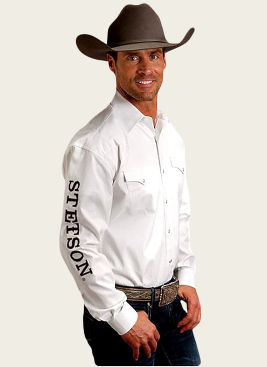 11-001-0489-2025 STETSON MENS L/S SHIRT LOGO WHITE