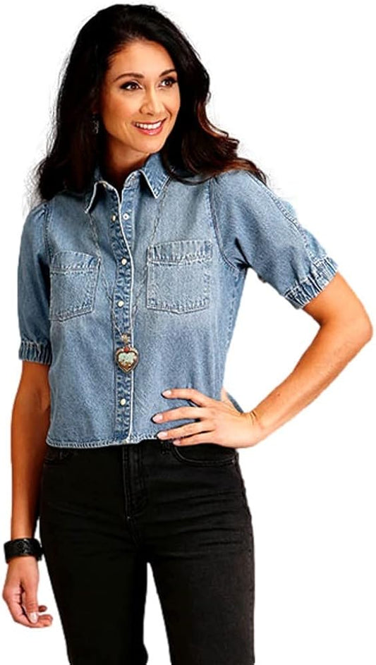11-051-0594-0519 STETSON S/S SHIRT DENIM SNAP CROP BLOUSE
