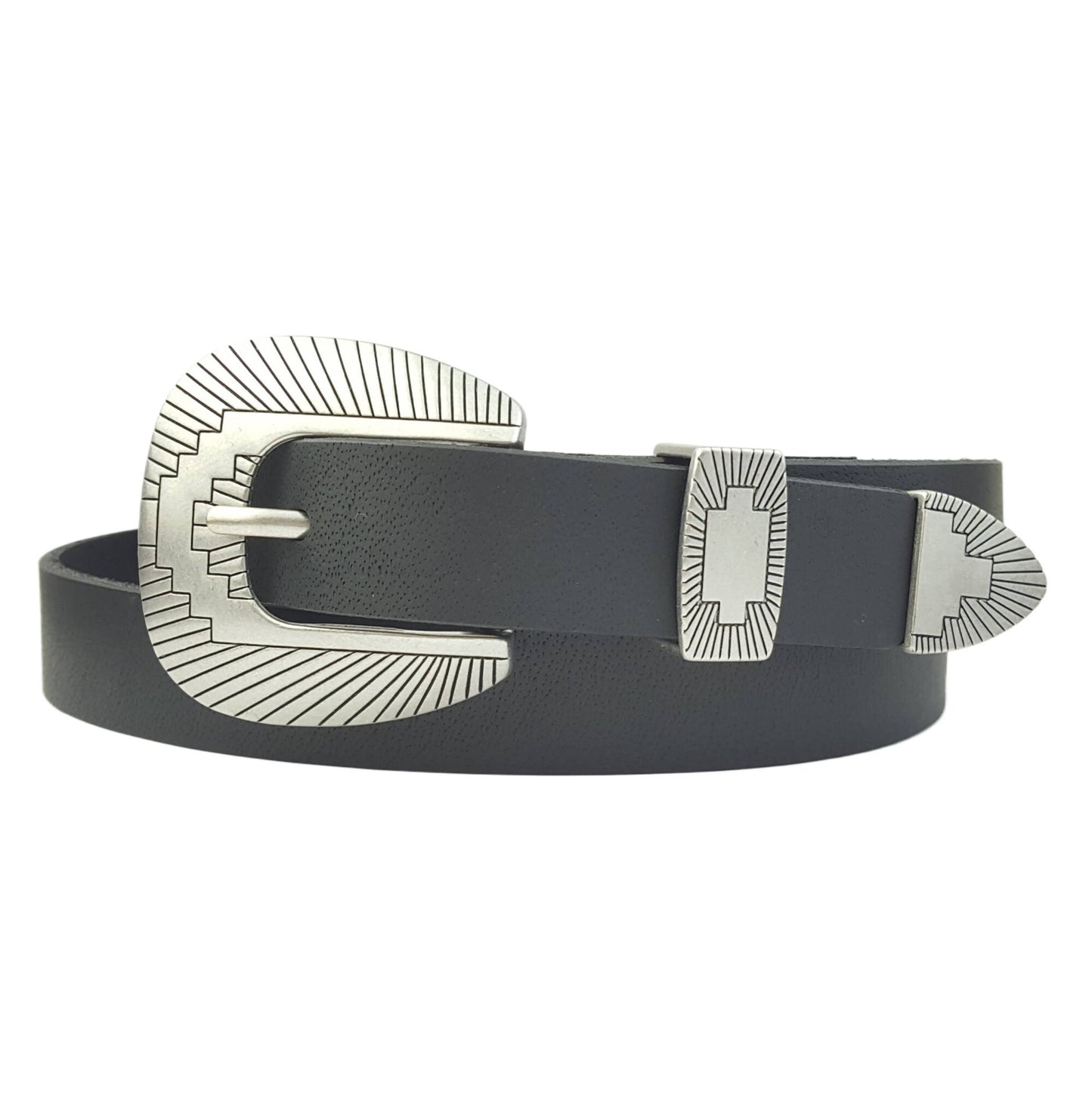 Genuine Leather Belt with Silver Navajo Buckle set: Black