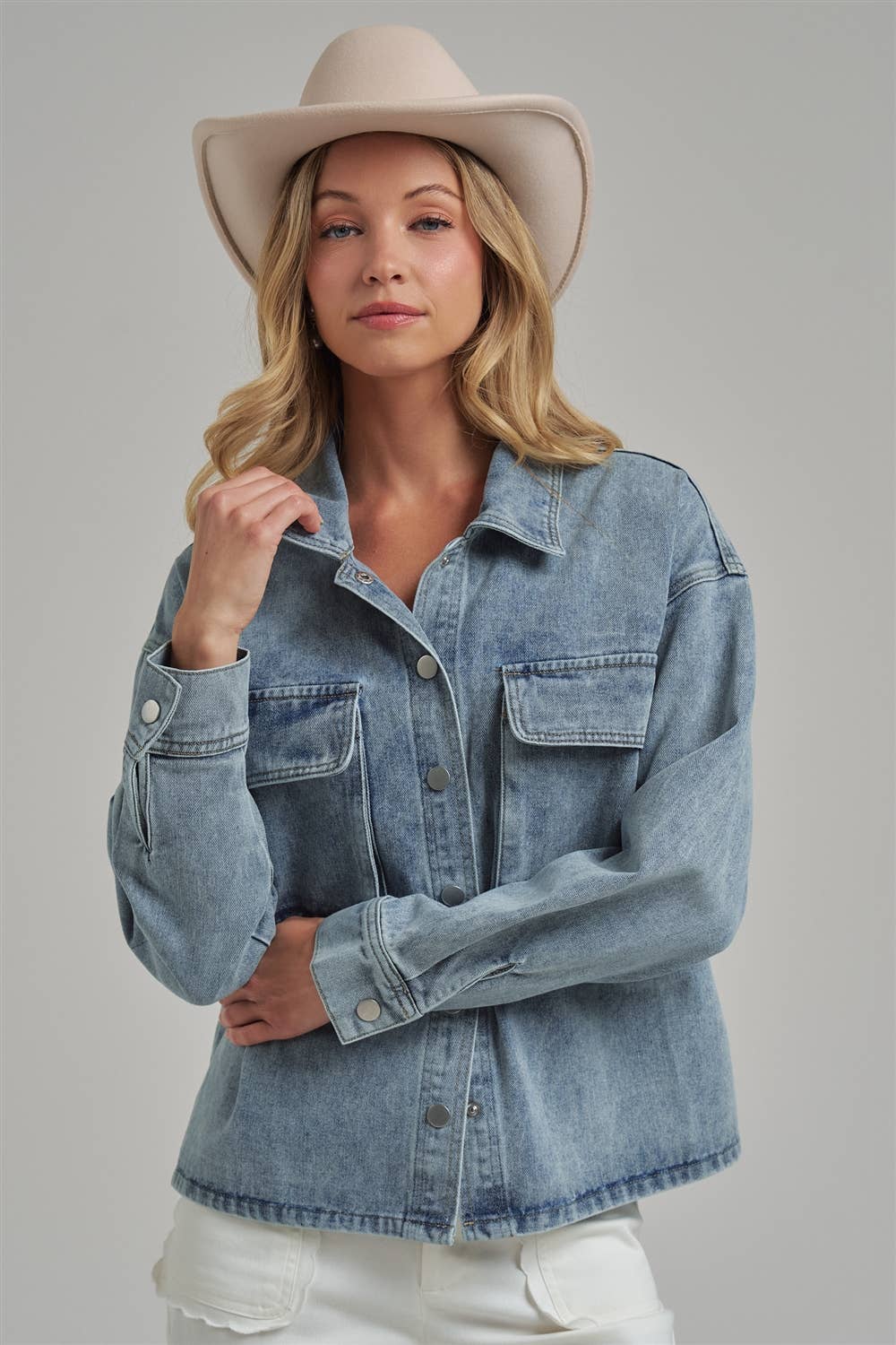VINTAGE WASHED DENIM SHACKET WITH 3D FRONT POCKETS: DENIM