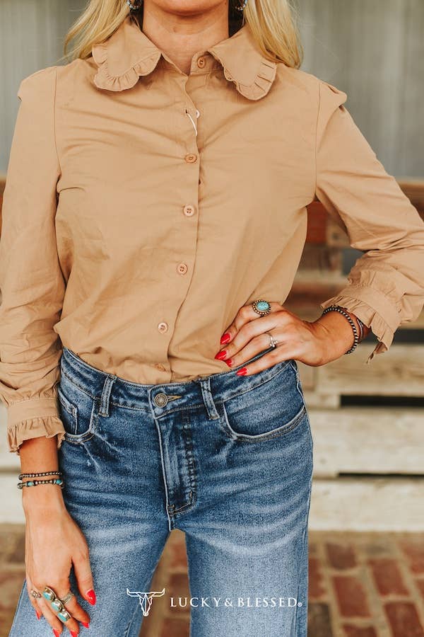 Tan Printed Ruffle Collar Button Down Shirt