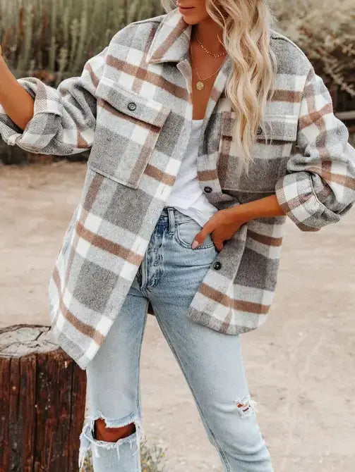 MD9859-BW Navy Blue Plaid Button Flannel Shirt Jacket: Black and white