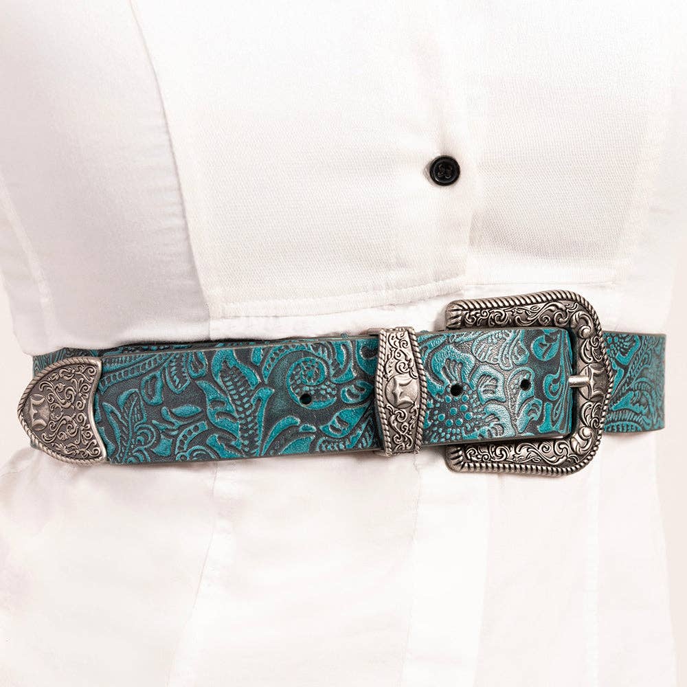 Loyal West Sophia Belt- Turquoise Floral Leather