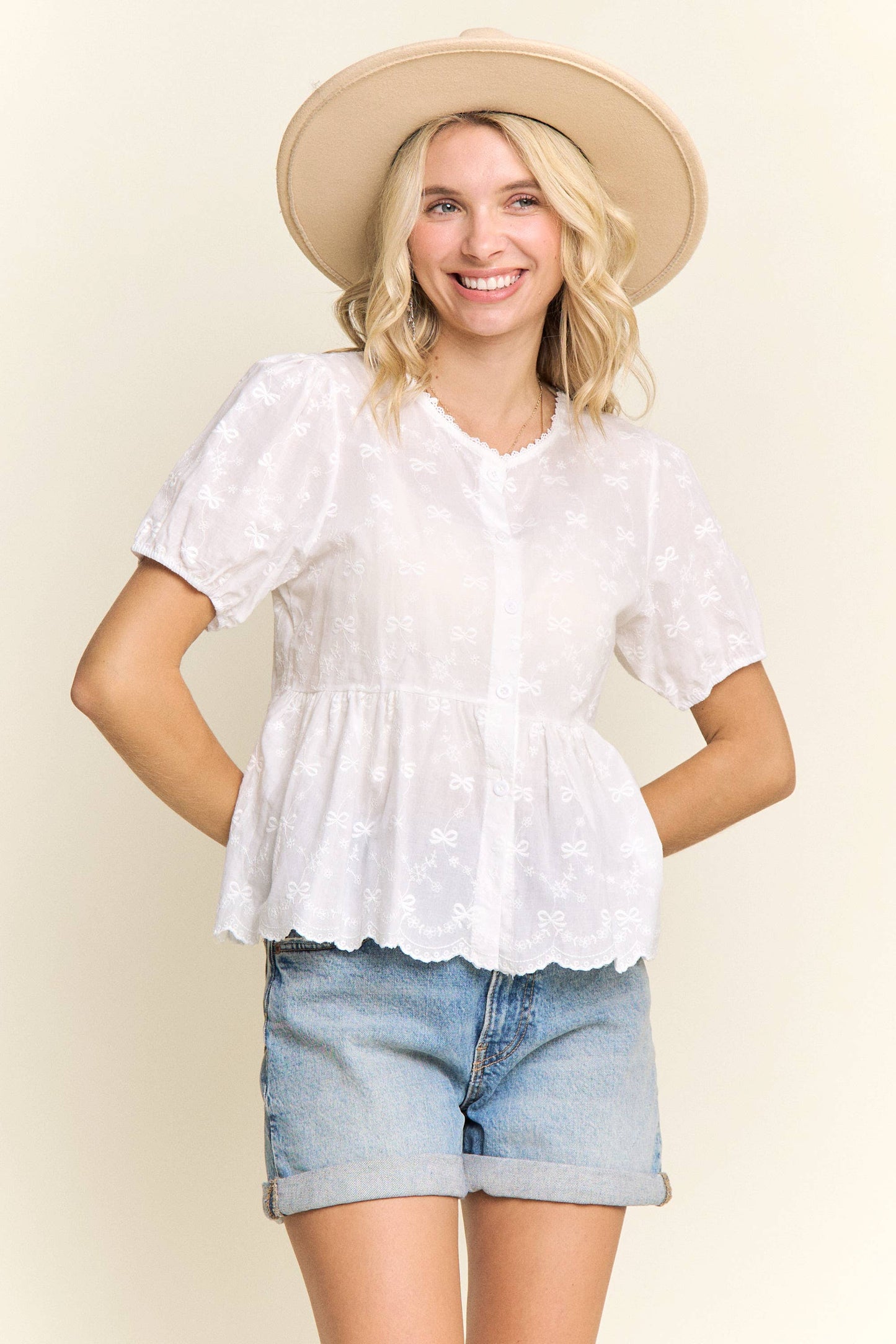 BOHO CHIC EMBROIDERED BUTTON DOWN TOP: WHITE