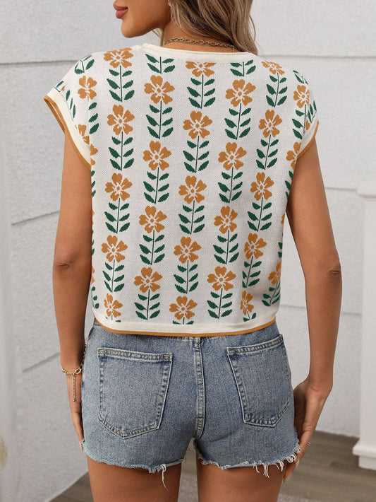 MD2 82-1 Retro Floral Knit Crop Top Short Sleeve Vintage Pullover Tee: Off-White