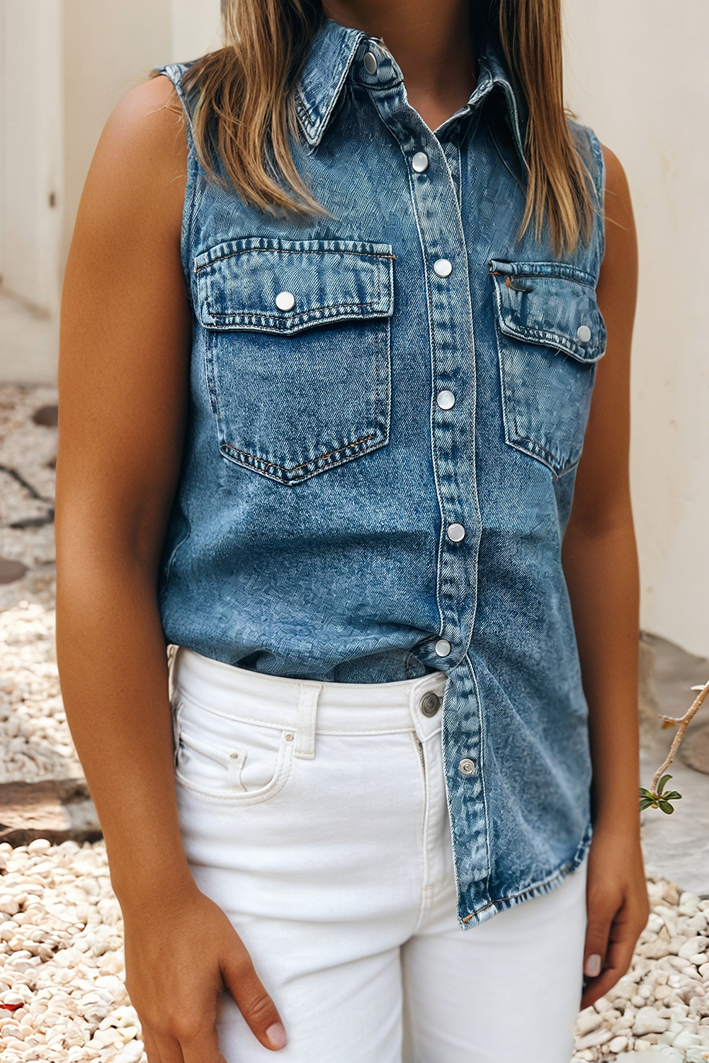 LDC Buttoned Front Collared Denim Sleeveless Top: Dusk Blue