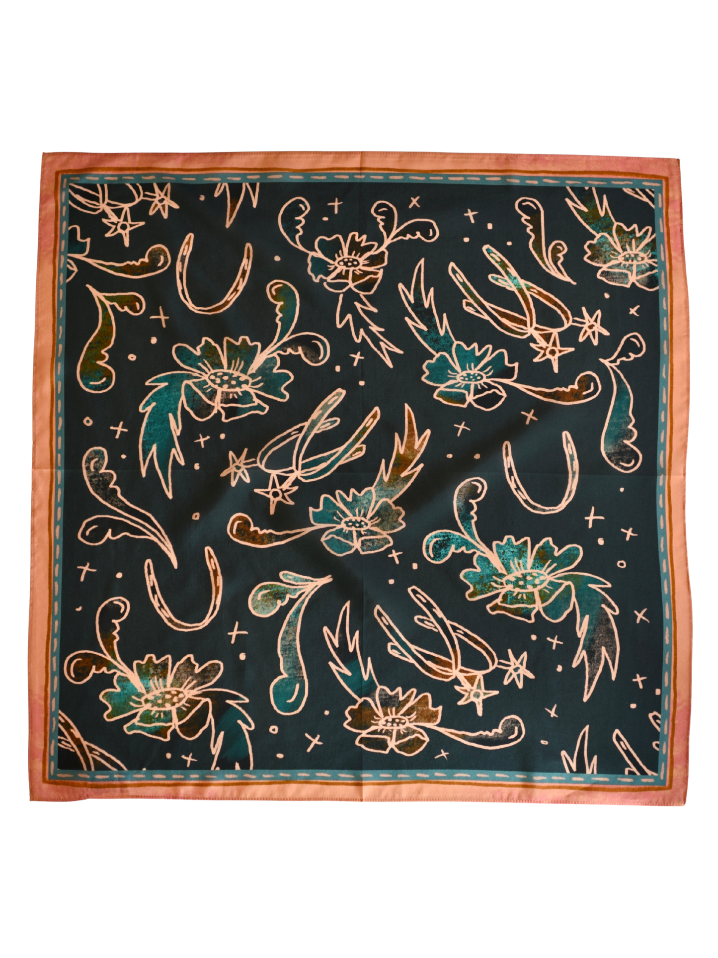 SPURS AND FLORAL TURUOISE AND PEACH WESTERN SILK WILD RAG SCARF