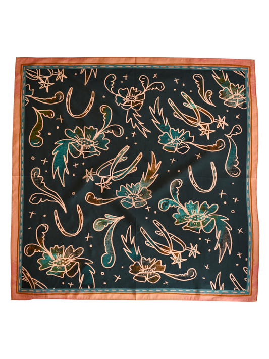 SPURS AND FLORAL TURUOISE AND PEACH WESTERN SILK WILD RAG SCARF