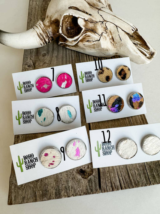 ROUND COWHIDE STUDS STUD EARRINGS- GENUINE LEATHER COWHIDE: 10