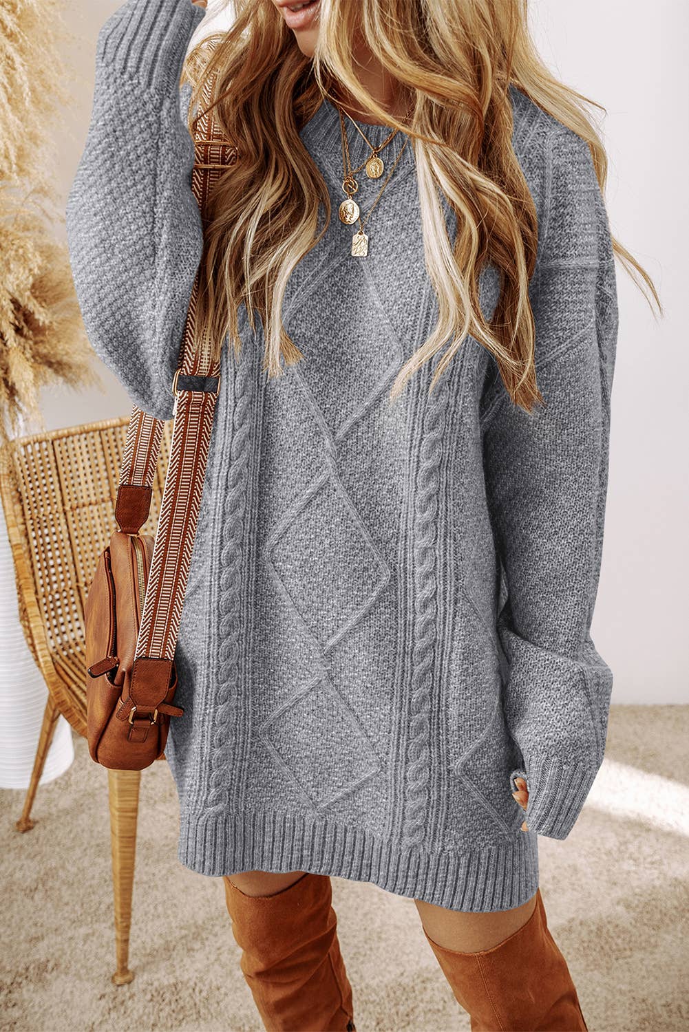 LD273764-P6016 LDC Cable Knit Drop Shoulder Loose Fit Sweater Dress: Parchment